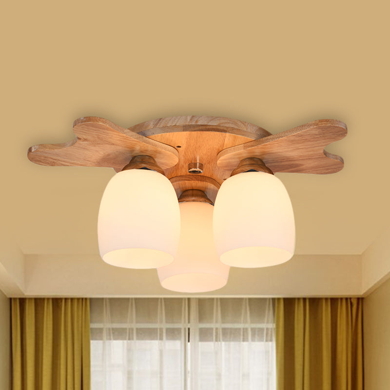 Contemporary Milk Glass Flush Mount Lamp with Wood Canopy - 1/3/4 Lights, Beige Finish