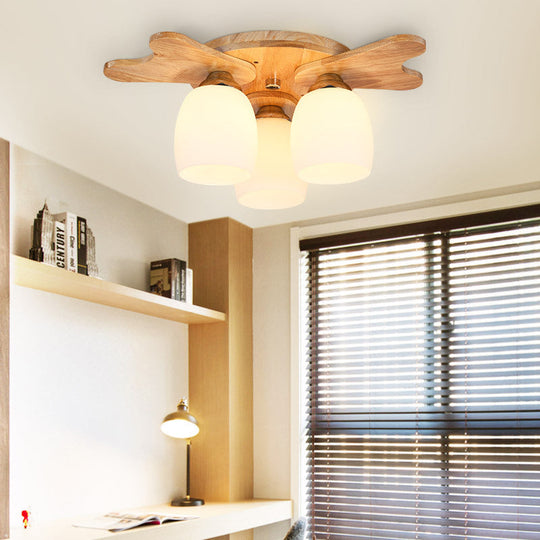 Contemporary Milk Glass Flush Mount Lamp with Wood Canopy - 1/3/4 Lights, Beige Finish