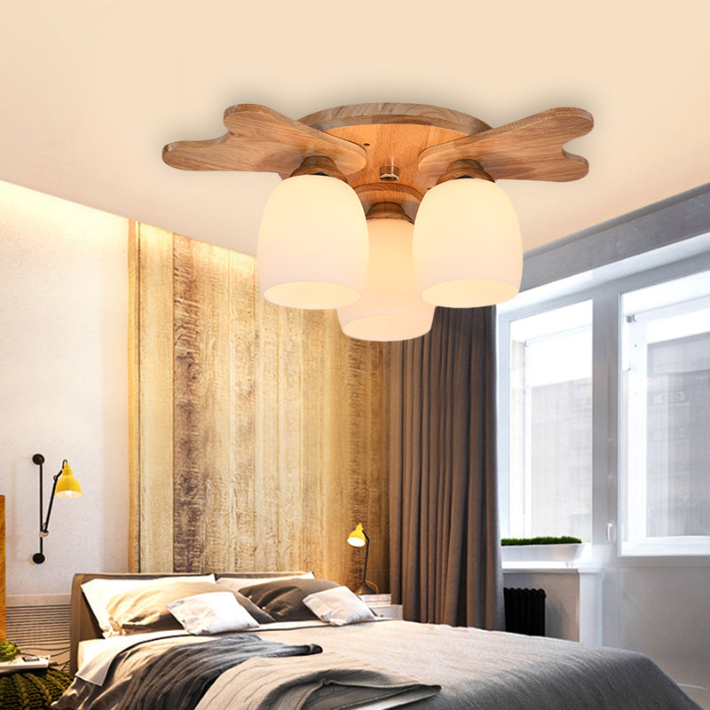 Contemporary Milk Glass Flush Mount Lamp with Wood Canopy - 1/3/4 Lights, Beige Finish