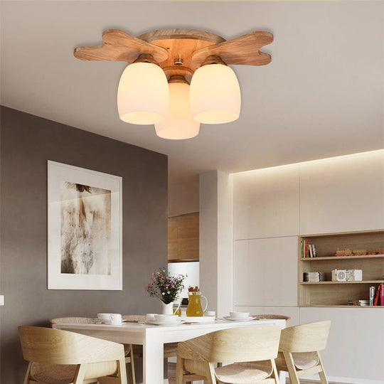 Contemporary Milk Glass Flush Mount Lamp with Wood Canopy - 1/3/4 Lights, Beige Finish