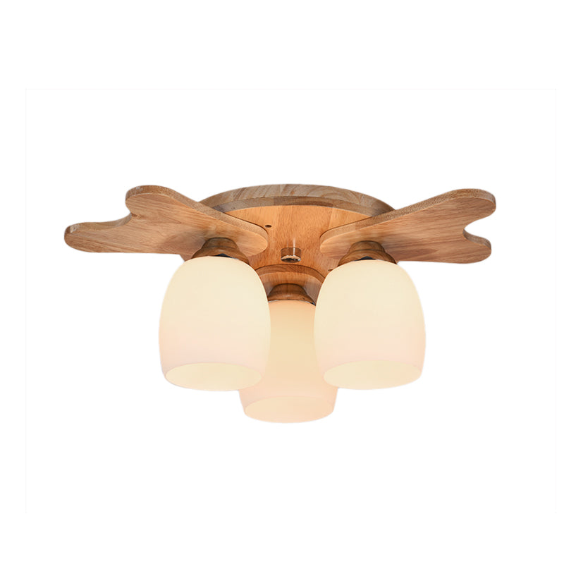 Contemporary Milk Glass Flush Mount Lamp with Wood Canopy - 1/3/4 Lights, Beige Finish