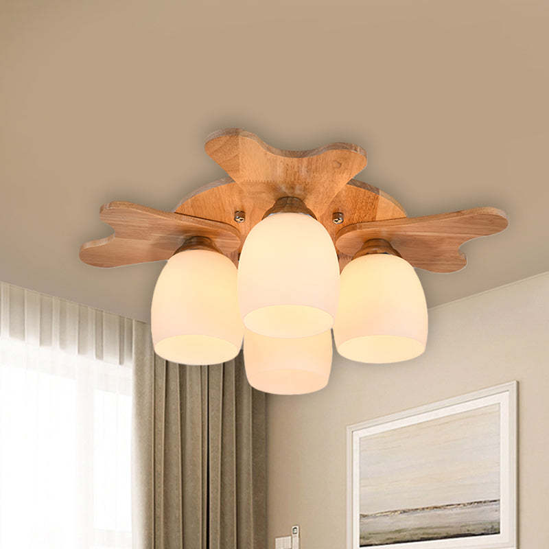 Contemporary Milk Glass Flush Mount Lamp with Wood Canopy - 1/3/4 Lights, Beige Finish