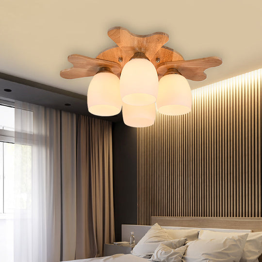 Contemporary Milk Glass Flush Mount Lamp with Wood Canopy - 1/3/4 Lights, Beige Finish