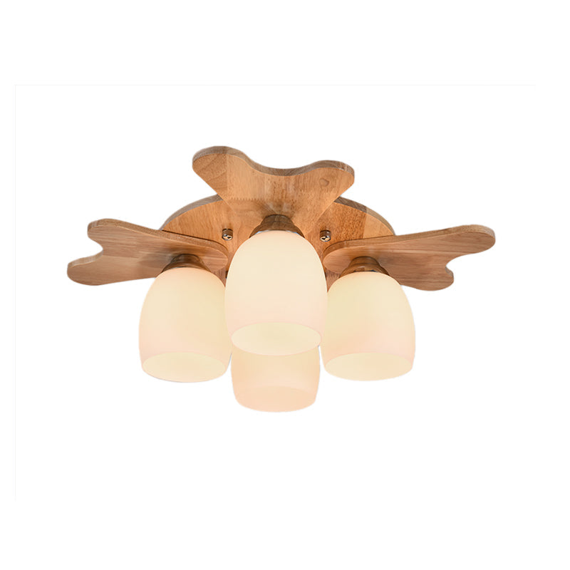 Contemporary Milk Glass Flush Mount Lamp with Wood Canopy - 1/3/4 Lights, Beige Finish