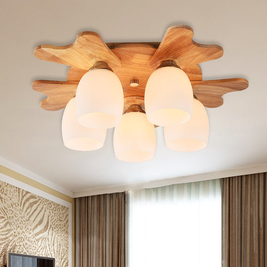 Contemporary Milk Glass Flush Mount Lamp with Wood Canopy - 1/3/4 Lights, Beige Finish