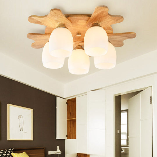 Contemporary Milk Glass Flush Mount Lamp with Wood Canopy - 1/3/4 Lights, Beige Finish