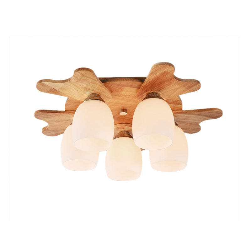 Contemporary Milk Glass Flush Mount Lamp with Wood Canopy - 1/3/4 Lights, Beige Finish