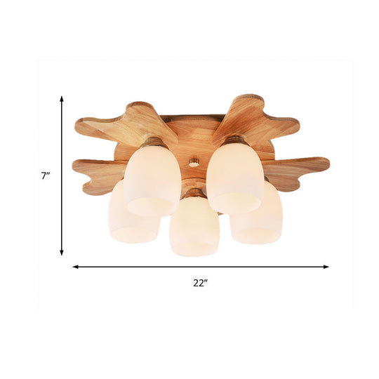 Contemporary Milk Glass Flush Mount Lamp with Wood Canopy - 1/3/4 Lights, Beige Finish