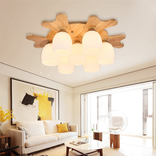 Contemporary Milk Glass Flush Mount Lamp with Wood Canopy - 1/3/4 Lights, Beige Finish