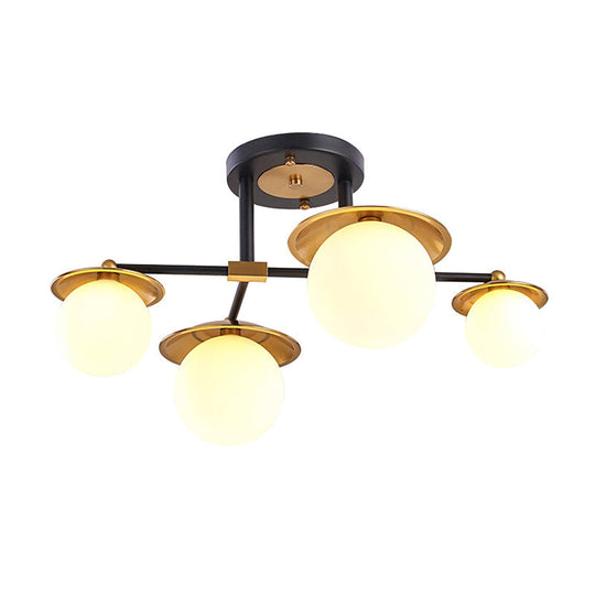 Modern Gold Semi Flush Ceiling Lamp With Globe White Glass Shade Available In 4/6/8 Lights -