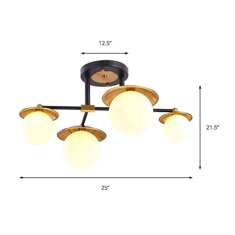 Modern Gold Semi Flush Ceiling Lamp With Globe White Glass Shade Available In 4/6/8 Lights -