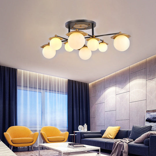 Modern Gold Semi Flush Ceiling Lamp With Globe White Glass Shade Available In 4/6/8 Lights -