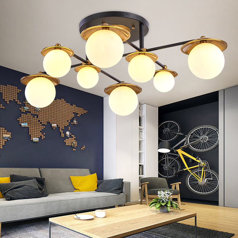 Modern Gold Semi Flush Ceiling Lamp With Globe White Glass Shade Available In 4/6/8 Lights -