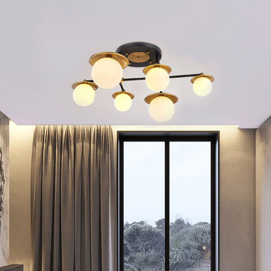 Modern Gold Semi Flush Ceiling Lamp With Globe White Glass Shade Available In 4/6/8 Lights -