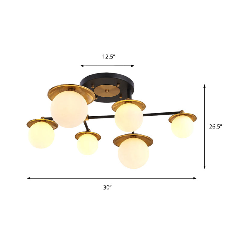 Modern Gold Semi Flush Ceiling Lamp With Globe White Glass Shade Available In 4/6/8 Lights -