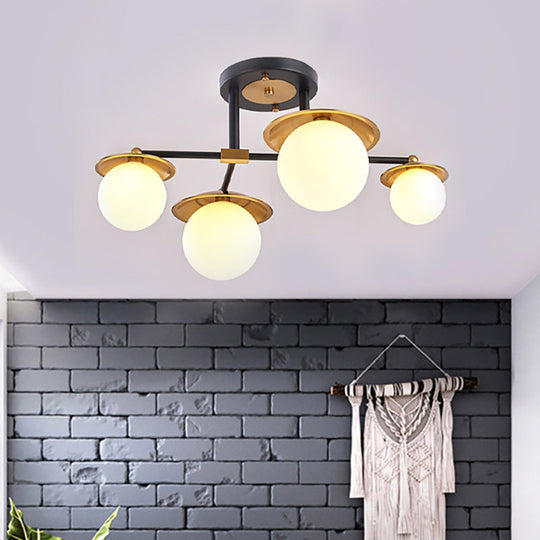 Modern Gold Semi Flush Ceiling Lamp With Globe White Glass Shade Available In 4/6/8 Lights -