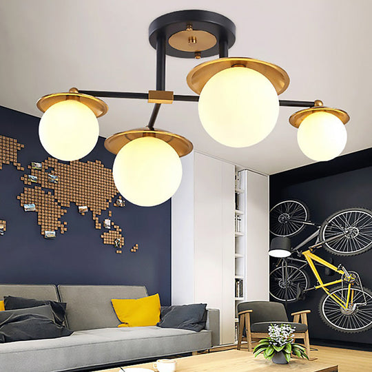 Modern Gold Semi Flush Ceiling Lamp With Globe White Glass Shade Available In 4/6/8 Lights -