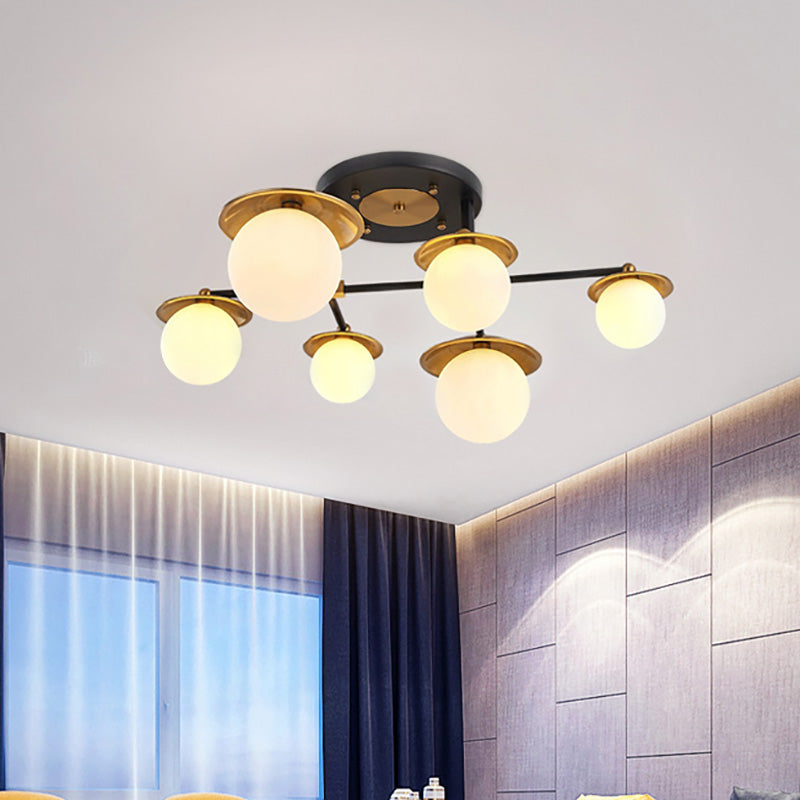 Modern Gold Semi Flush Ceiling Lamp With Globe White Glass Shade Available In 4/6/8 Lights -