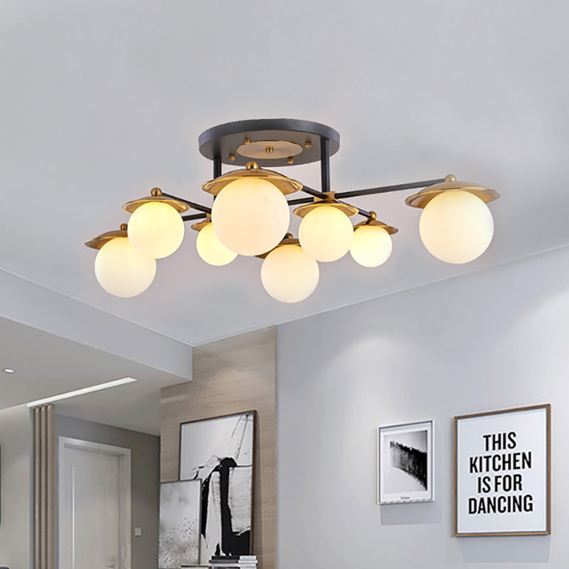 Stylish Gold Semi Flush Ceiling Lamp for Modern Living Rooms - Startburst, Globe White Glass Shade, 4/6/8 Lights