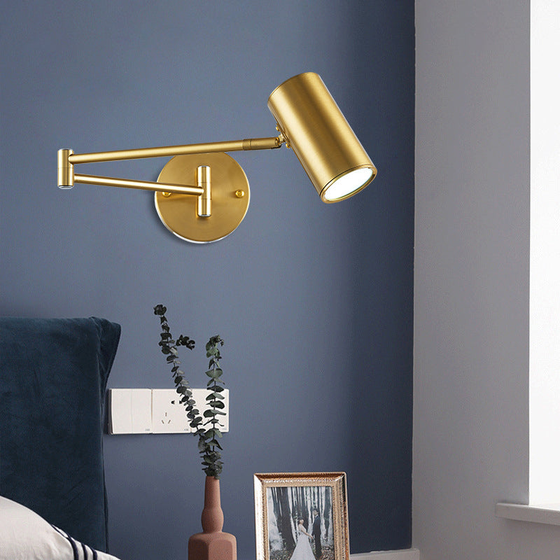 Adjustable Minimalist Cylinder Wall Light For Bedside With Metallic Finish