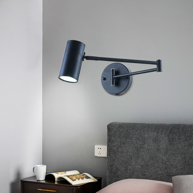 Adjustable Minimalist Cylinder Wall Light For Bedside With Metallic Finish Black