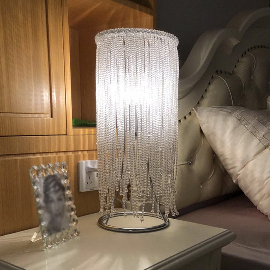 Chrome Crystal Fringed Nightstand Lamp: Sleek Single-Bulb Table Lighting For Postmodern Bedrooms