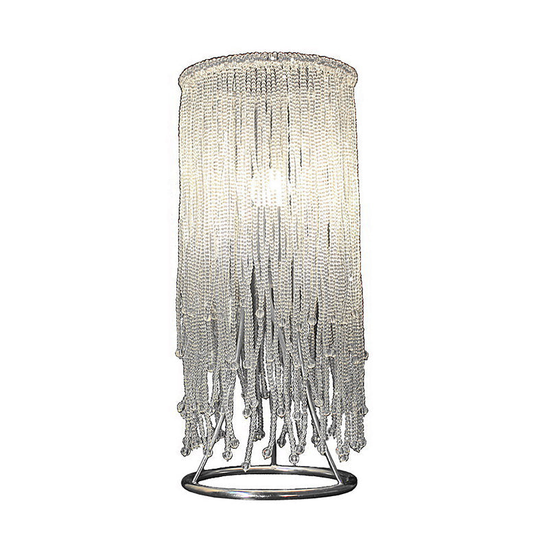 Chrome Crystal Fringed Nightstand Lamp: Sleek Single-Bulb Table Lighting For Postmodern Bedrooms