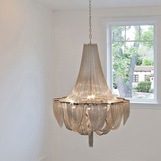 Post-Modern Silver Pendant Light: Tassel Chain Chandelier With 8 Heads For Living Room