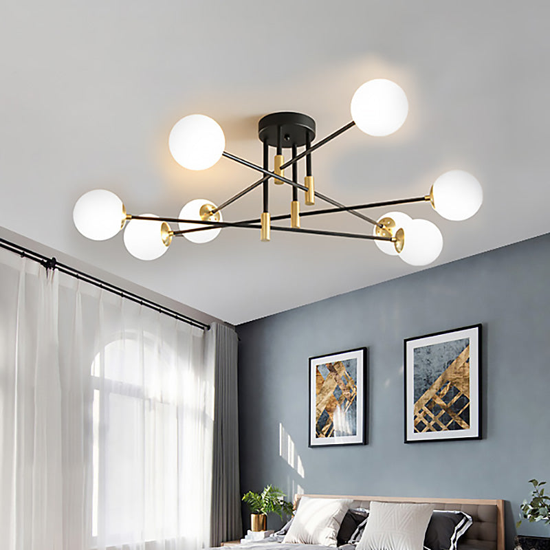 Modernist Black Glass Sphere Semi Flush Mount Light Fixture With Linear Arm - 4/6/8 Lights 8 / Cream