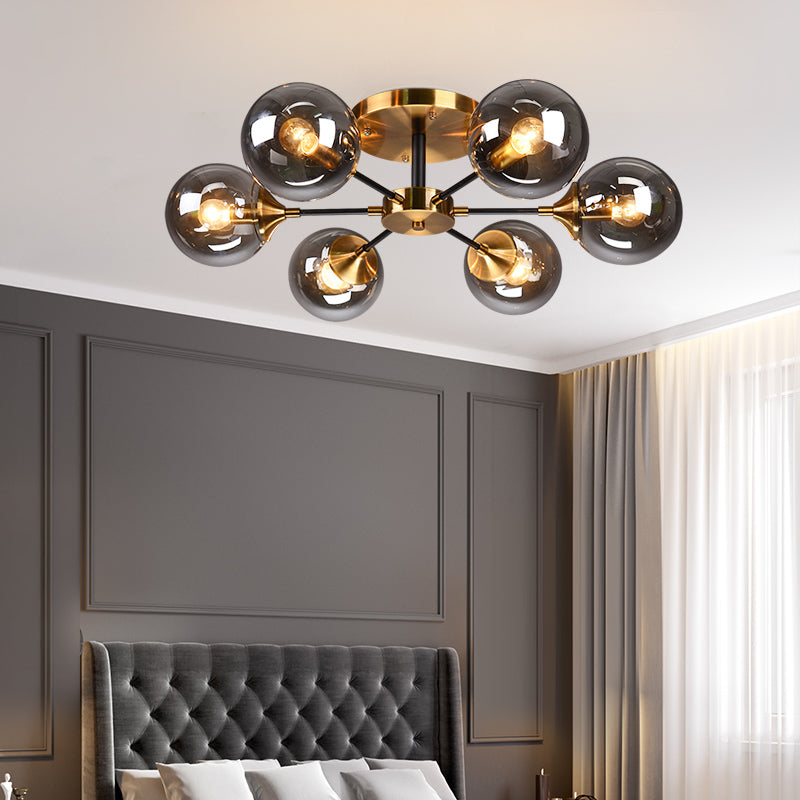 Modern Round Semi Flush Mount Lighting in White/Orange with Smoke Glass - 3/6/8 Light Gold LED Fixture for Warm Living Room Ambiance