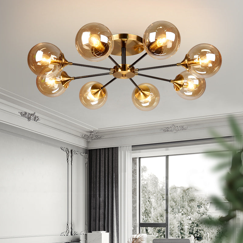 Modern Round Semi Flush Mount Lighting In White/Orange With Smoke Glass - 3/6/8 Light Gold Led