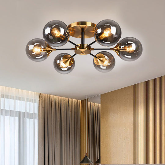 Modern Round Semi Flush Mount Lighting In White/Orange With Smoke Glass - 3/6/8 Light Gold Led