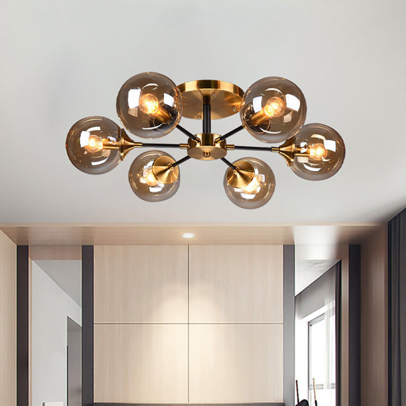 Modern Round Semi Flush Mount Lighting In White/Orange With Smoke Glass - 3/6/8 Light Gold Led