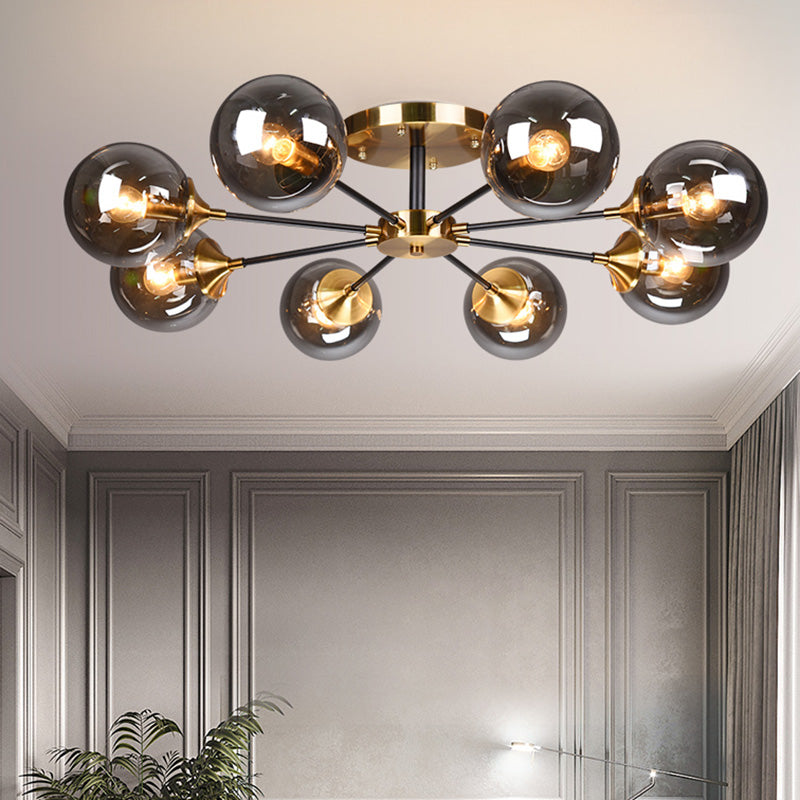 Modern Round Semi Flush Mount Lighting In White/Orange With Smoke Glass - 3/6/8 Light Gold Led