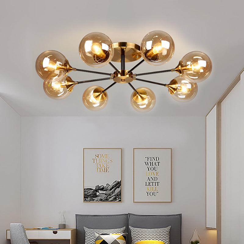 Modern Round Semi Flush Mount Lighting in White/Orange with Smoke Glass - 3/6/8 Light Gold LED Fixture for Warm Living Room Ambiance