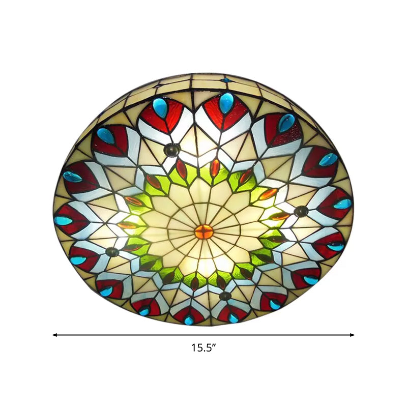 Tiffany Style Stained Glass Ceiling Light With Peacock & Jewel Accents - 3-Light Drum Flush Mount