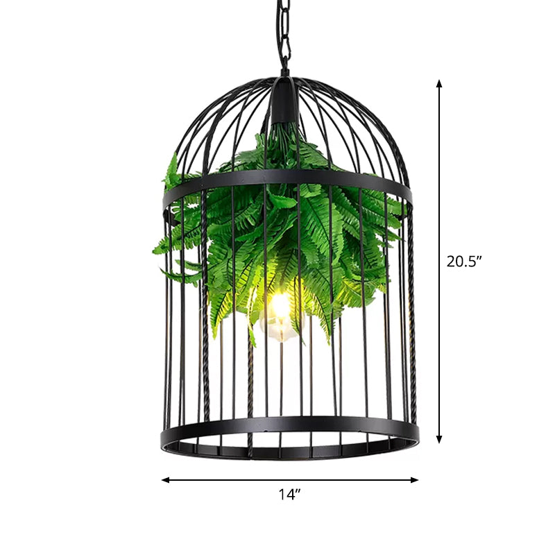 Farmhouse Iron Hanging Lamp: Black Bird Cage Pendant Light with Plant Decor