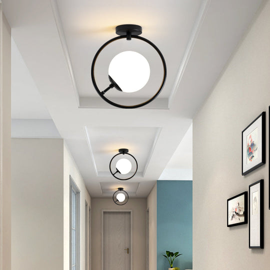 Modernist White/Yellow Glass Semi Flush Mount Light Fixture with Iron Ring - Sphere 1 Light Black