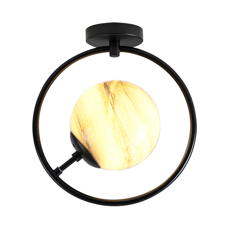 Modernist White/Yellow Glass Semi Flush Mount Light Fixture with Iron Ring - Sphere 1 Light Black