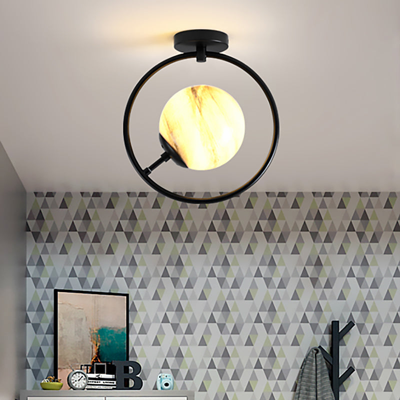 Modernist White/Yellow Glass Semi Flush Mount Light Fixture with Iron Ring - Sphere 1 Light Black