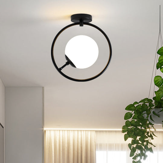 Modernist White/Yellow Glass Semi Flush Mount Light Fixture with Iron Ring - Sphere 1 Light Black