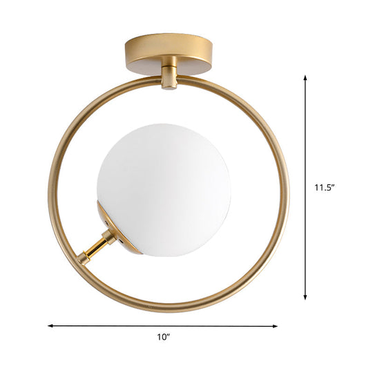 Sleek Gold Ball Semi Flush Light in Modern White/Yellow Glass – 1-Light Fixture with Iron Ring