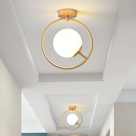 Sleek Gold Ball Semi Flush Light in Modern White/Yellow Glass – 1-Light Fixture with Iron Ring