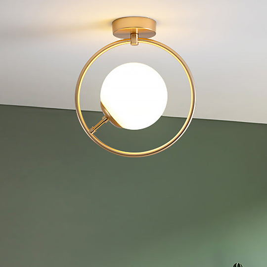 Sleek Gold Ball Semi Flush Light in Modern White/Yellow Glass – 1-Light Fixture with Iron Ring