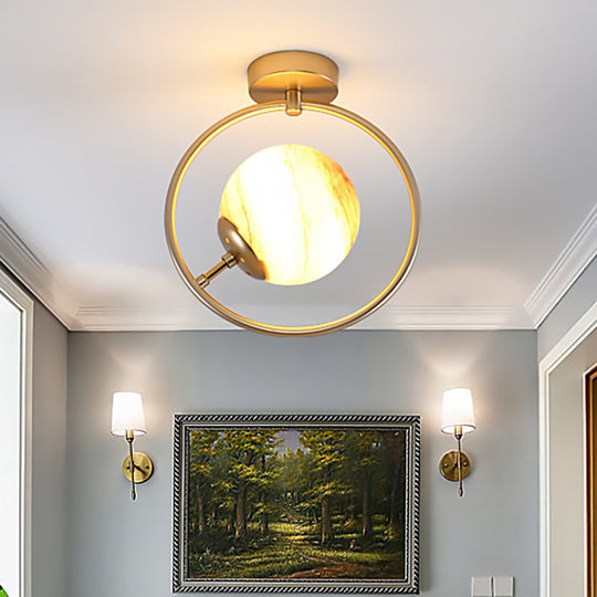 Sleek Gold Ball Semi Flush Light In Modern White/Yellow Glass 1-Light Fixture With Iron Ring