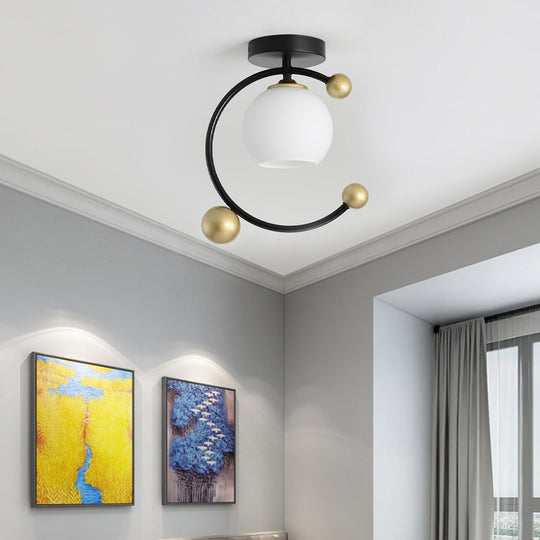 White Glass Semi Flush Mount with Black Iron Ring, Modernist 1 Light Fixture, 10"/12" Wide