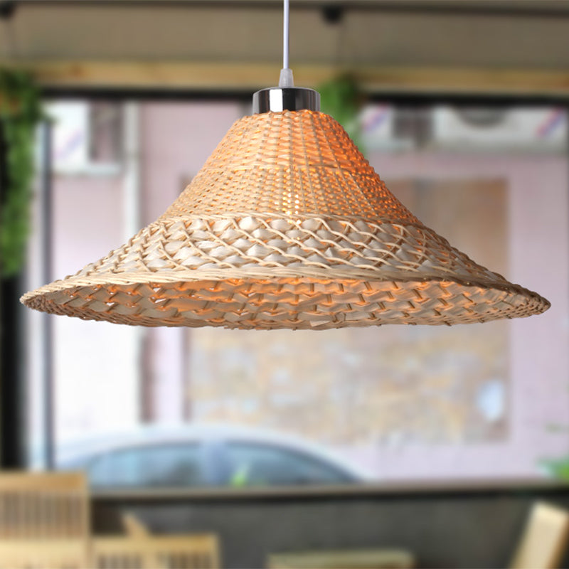 Asian Style Yellow Bamboo Pendant Lamp For Restaurants - 1 Light Rattan Ceiling Fixture