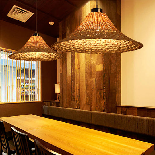 Asian Style Yellow Bamboo Pendant Lamp For Restaurants - 1 Light Rattan Ceiling Fixture