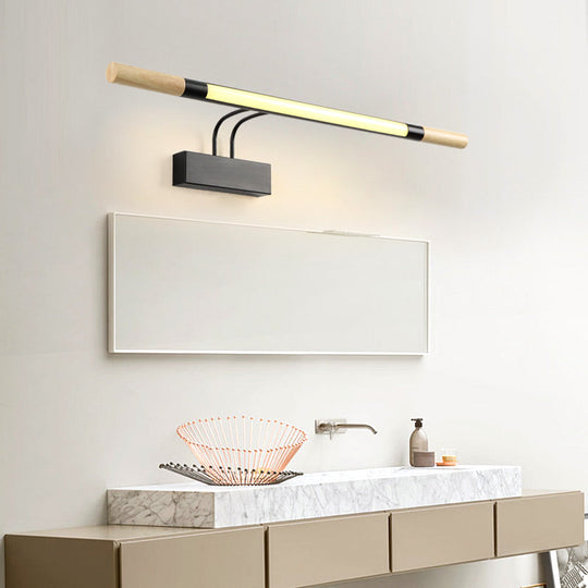 Modern Led Wood Vanity Wall Sconce With Curved Arm - Linear Lighting In White/Warm Light Black /