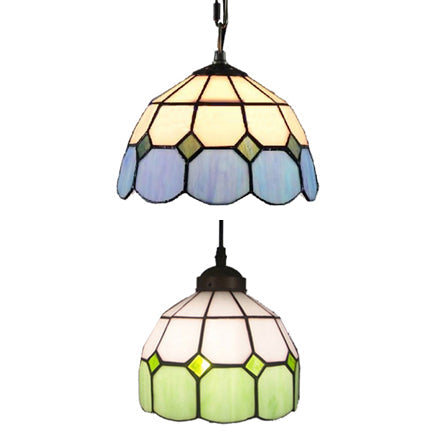 Tiffany Glass Ceiling Pendant Light - Green/Blue Hand Cut, 1-Head Suspension Lamp for Restaurants